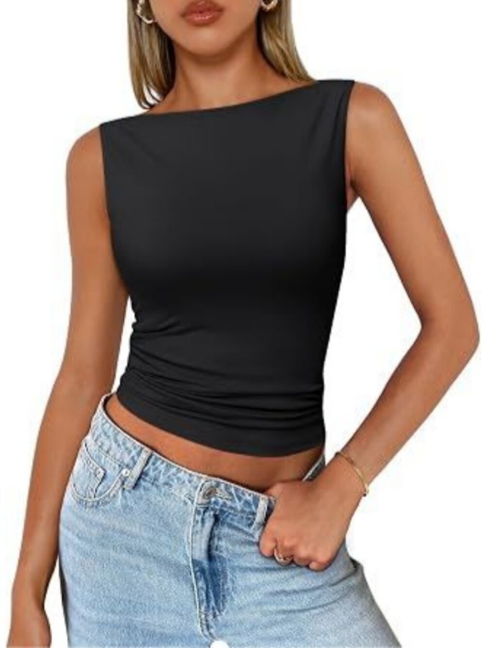 Womens Sleeveless Boat Neck Tank Top Stretchy Basic Summer Shirt
